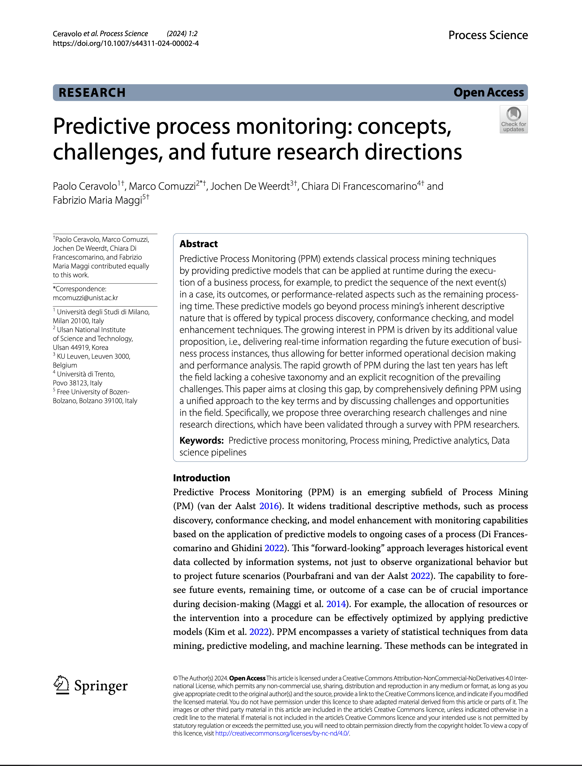 Cover page of the publication titled: Predictive process monitoring: concepts, challenges, and future research directions