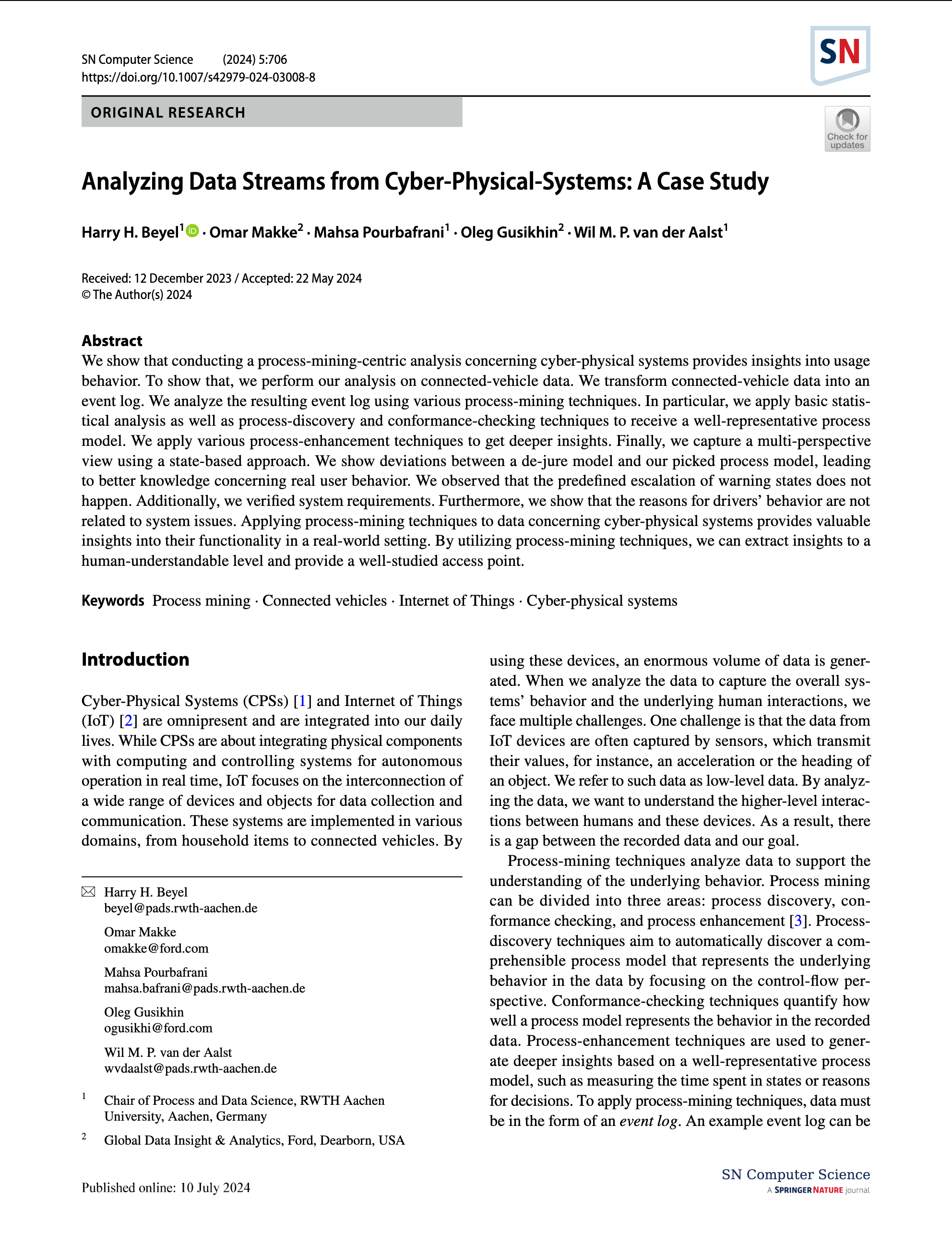 Cover page of the publication titled: Analyzing Data Streams from Cyber-Physical-Systems: A Case Study