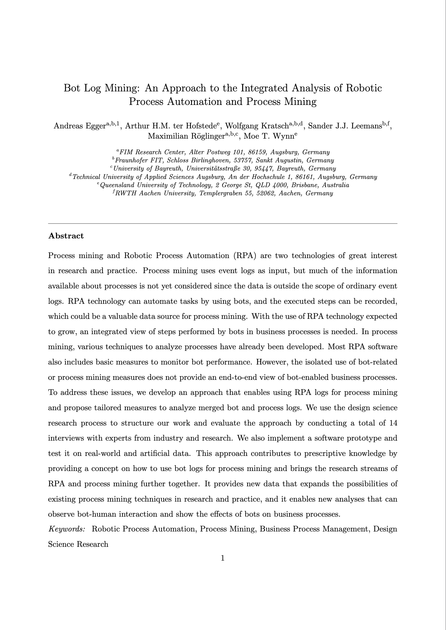 Cover page of the publication titled: Bot log mining: An approach to the integrated analysis of Robotic Process Automation and process mining