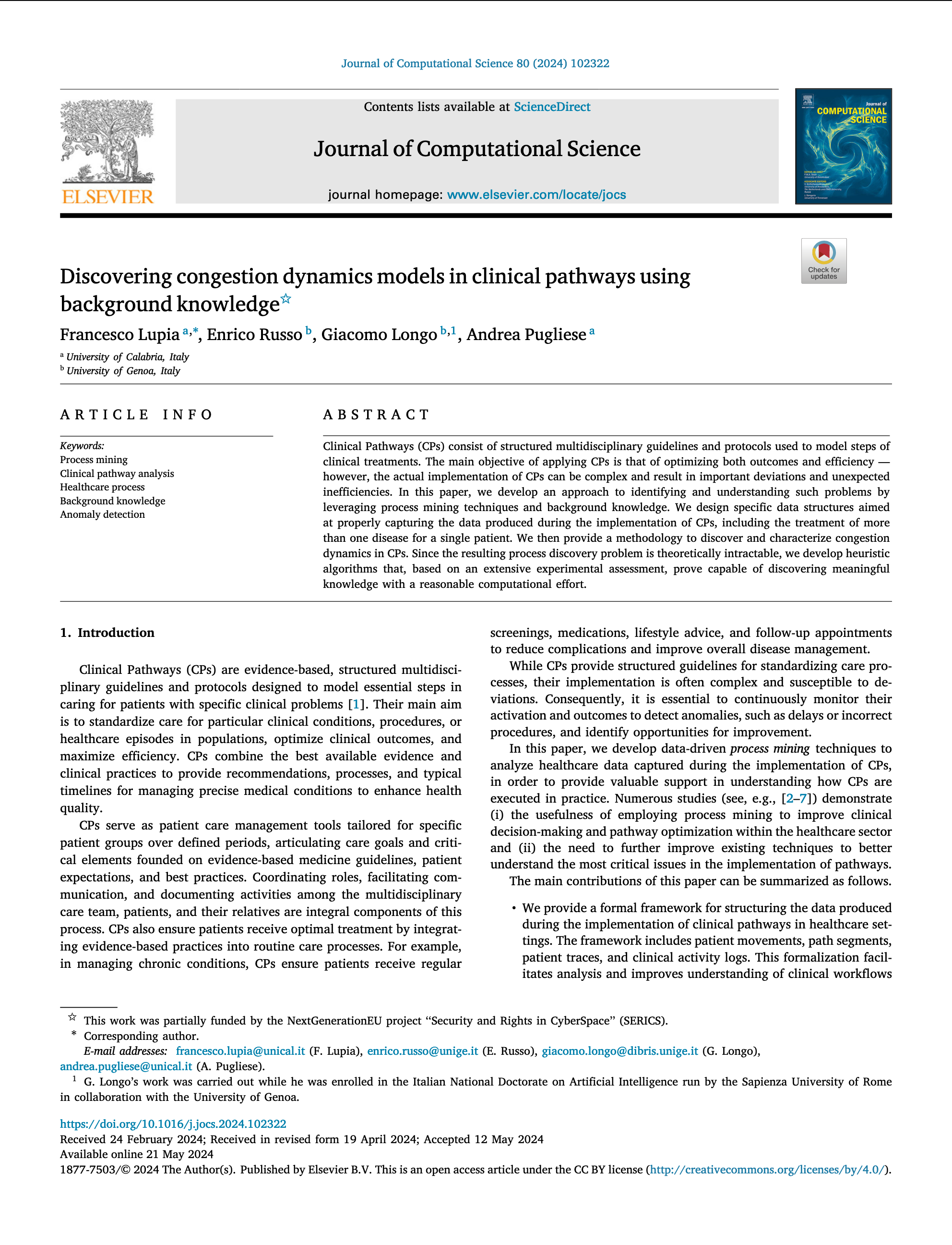 Cover page of the publication titled: Discovering congestion dynamics models in clinical pathways using background knowledge