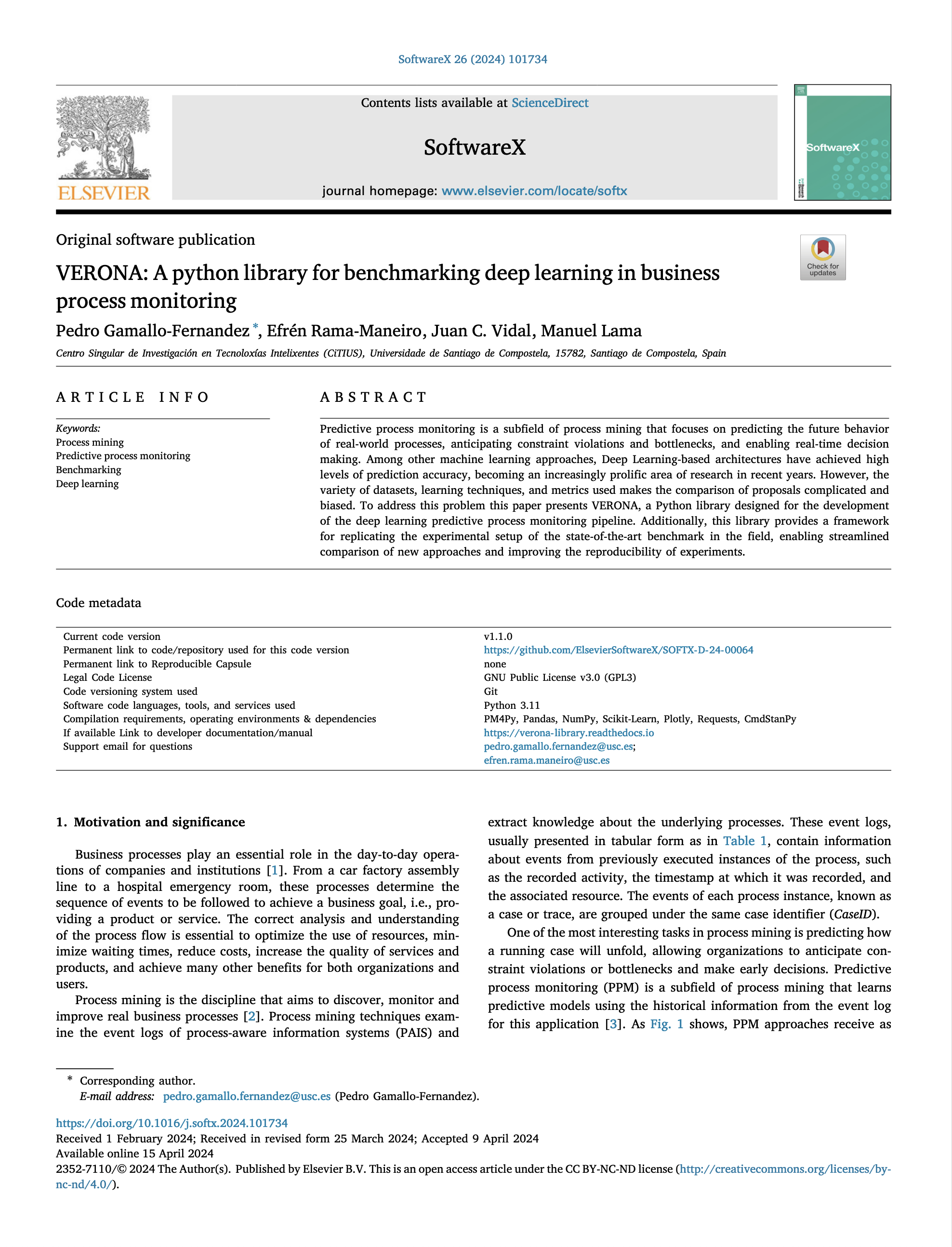 Cover page of the publication titled: VERONA: A python library for benchmarking deep learning in business process monitoring