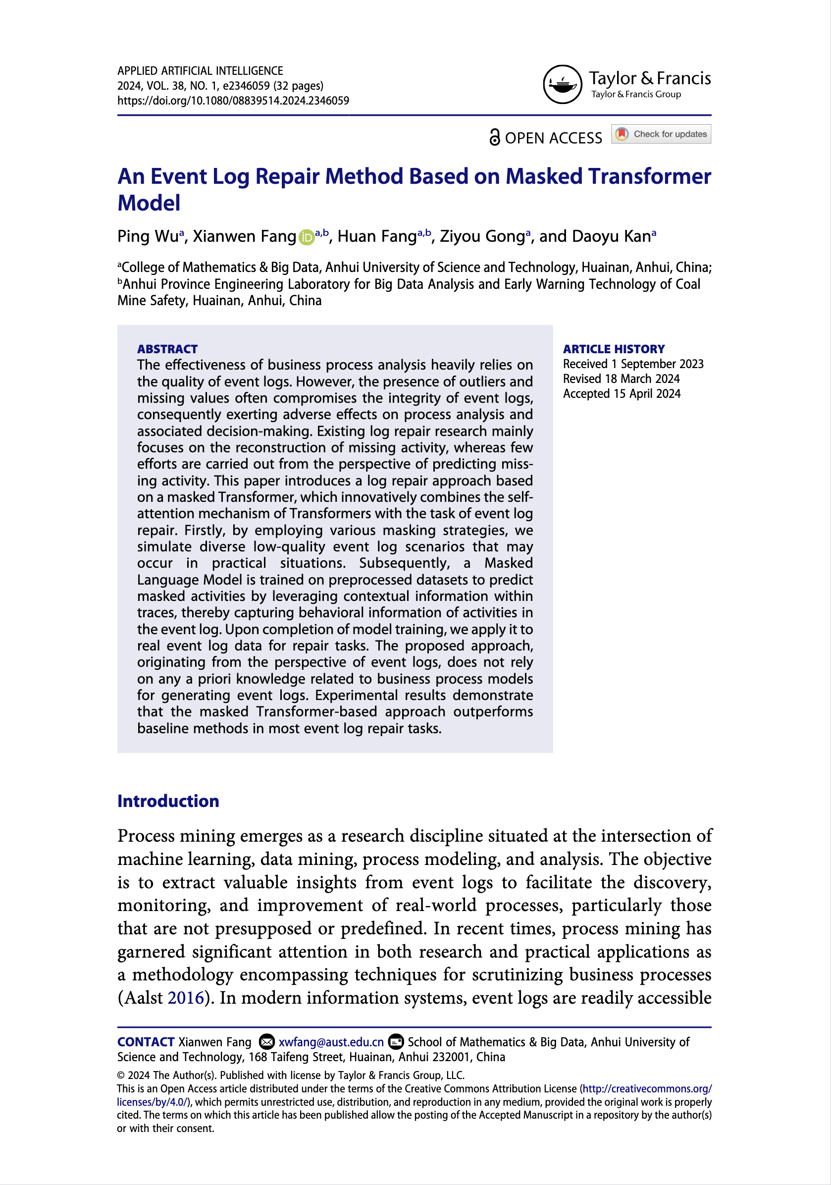 Cover page of the publication titled: An Event Log Repair Method Based on Masked Transformer Model