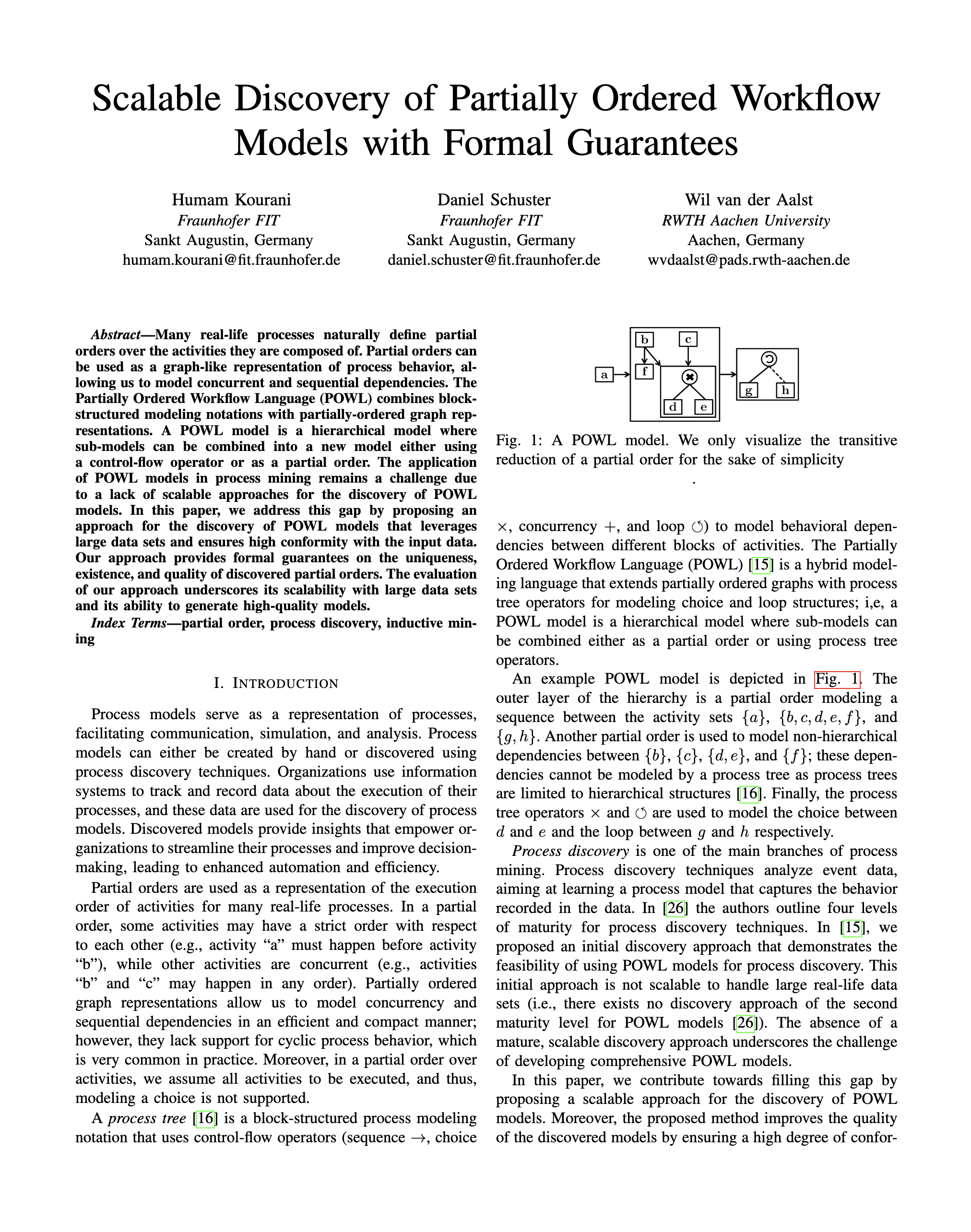 Cover page of the publication titled: Scalable Discovery of Partially Ordered Workflow Models with Formal Guarantees