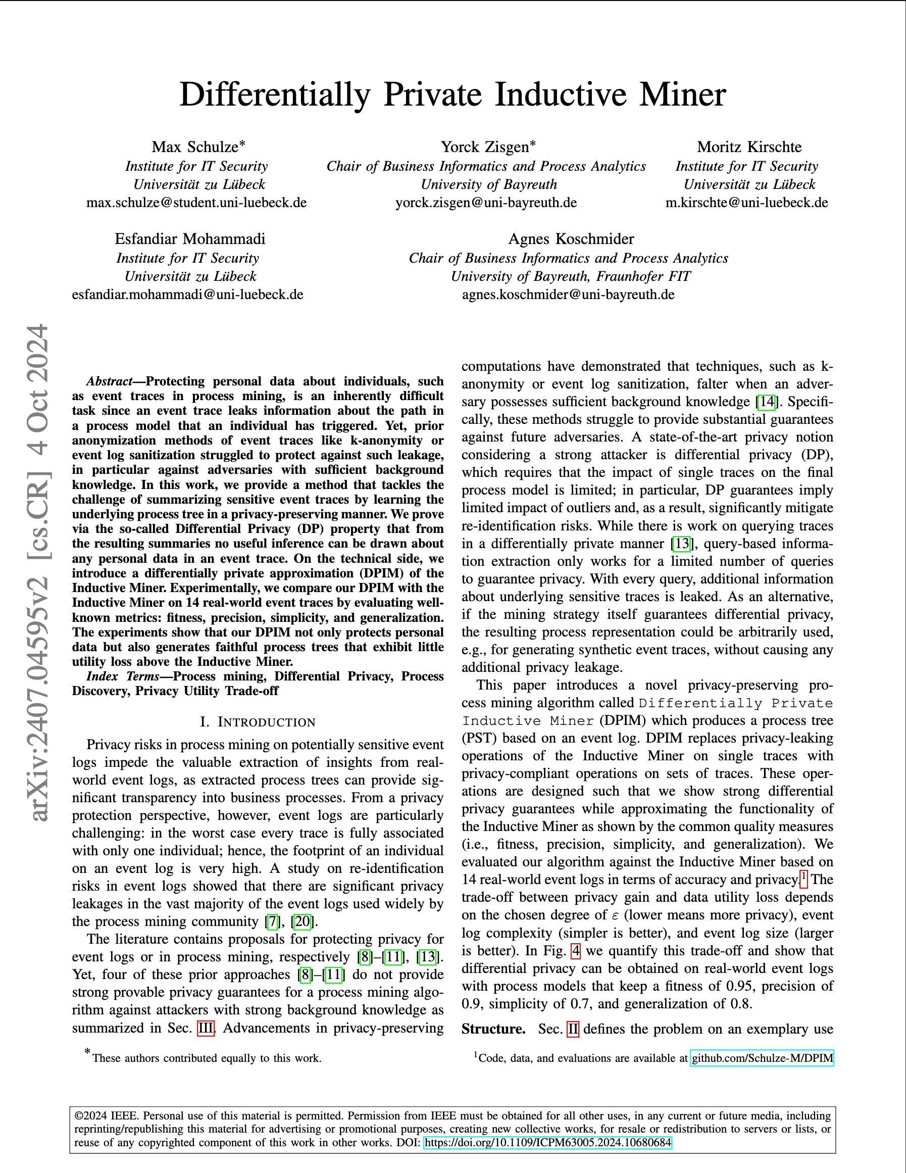 Cover page of the publication titled: Differentially Private Inductive Miner